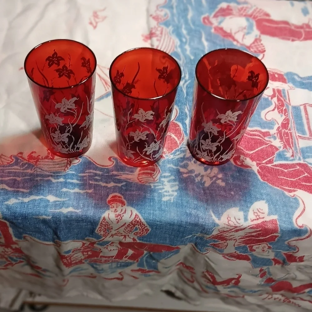 Vintage Red Glasses W Off-white Floral